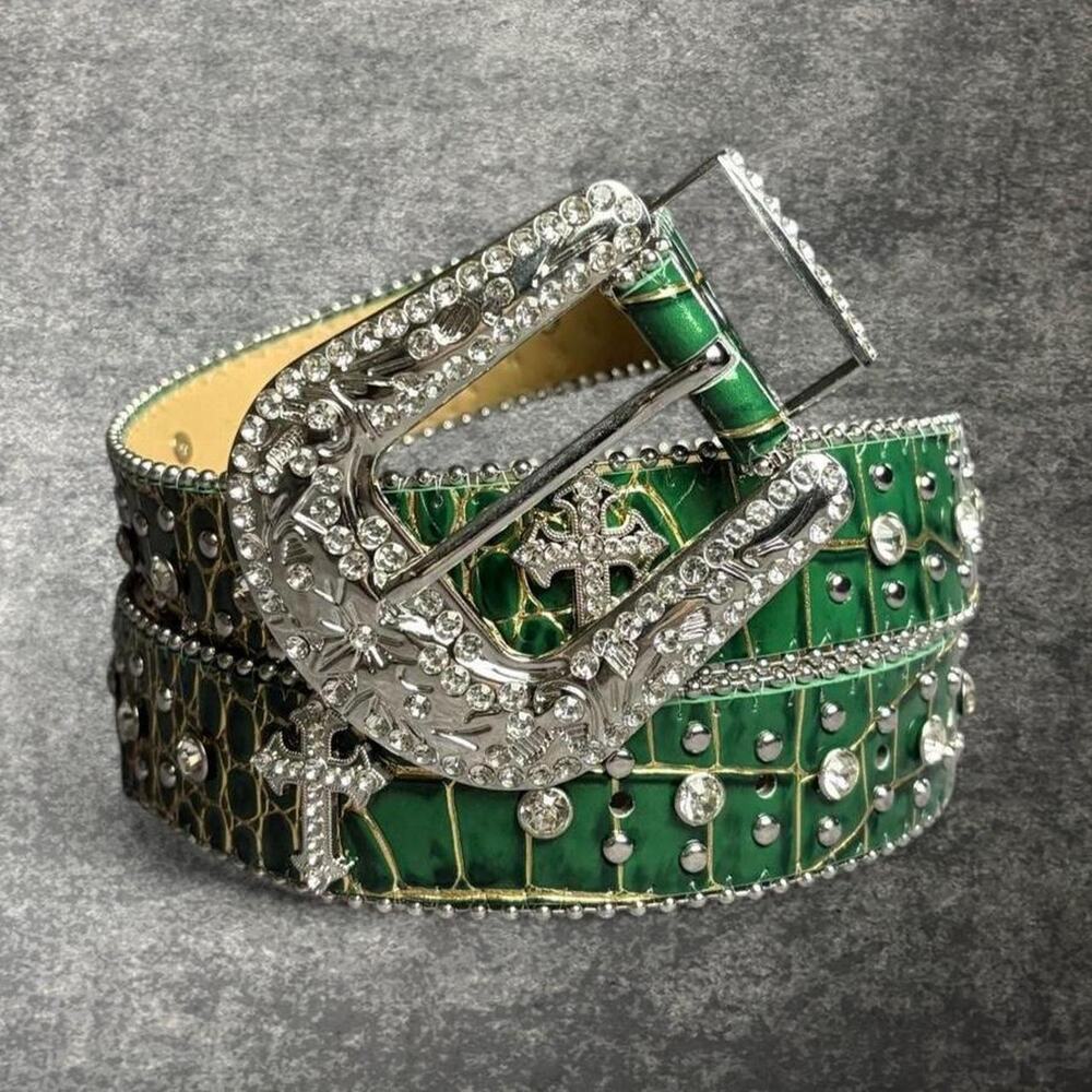 Green Rhinestone Cross Belt Croc Embossed Studded Western Y2K Style
